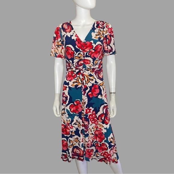 Maggy London Floral Print Short Sleeve Ruched Jersey Midi‎ Dress - Picture 1 of 8